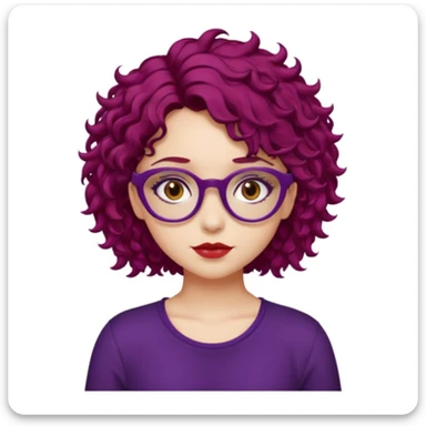 girl, almond brown eyes, red rectangle glasses, curly mid-short hair, deep purple hair, red top, casual-goth sticker
