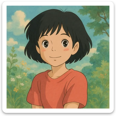 girl with short black hair, ghibli style sticker