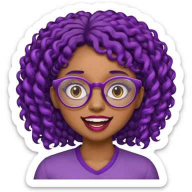 nerd emoji like with glasses showing only her 2 buck teeth but it’s a black girl with purple black curly hair face up only sticker