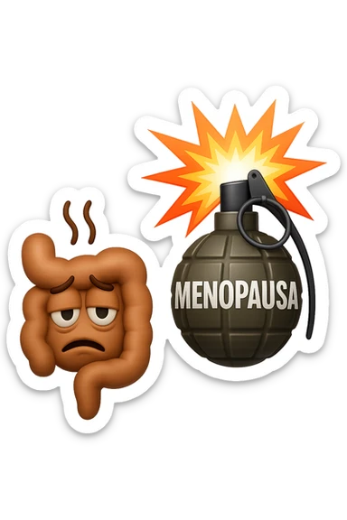 EMOJI STILE IPHONE 3D DI INTESTINO SFINITO CON ESPRESSIONE STANCA, ACCANTO A LUI SCOPPIA UNA GRANATA 3D CON LA SCRITTA "MENOPAUSA" SOPRA sticker
