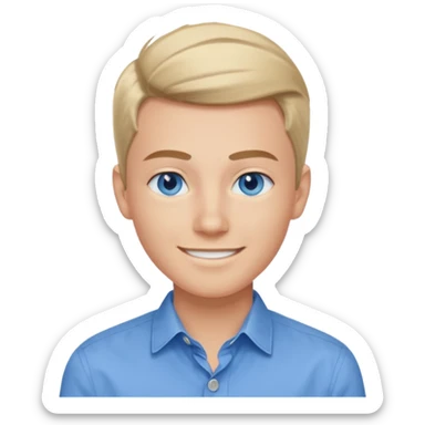 Blue eyes, slightly slender face, wearing a blue button down shirt. With a modern hairstyle, make sure he has a great smile  sticker