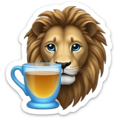 a lion with a black mane and blue eyes drinks tea sticker