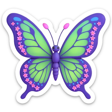 magical butterfly with glowing #c0ff53 green wings, purple edges, fine vein details, surrounded by sparkling dust and floating magical particles, deep blue body, pink flowers on the wings, 3D cartoon, elegant, fantastical sticker