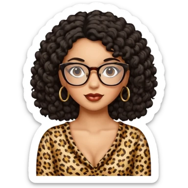 A women who wears glasses with a black curly hair, in a leopard print dress sweetheart neckline  sticker