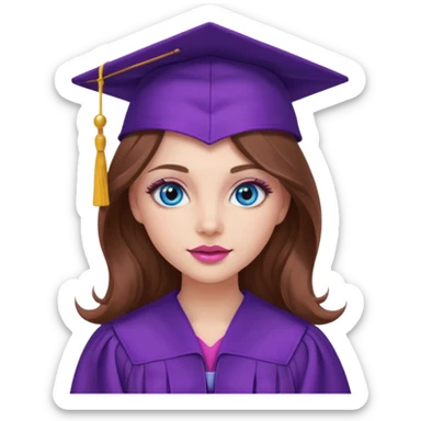girl with wavy long brown hair, blue eyes, long lashes makeup, sexy pink lips, wearing a purple graduation cap and gown sticker