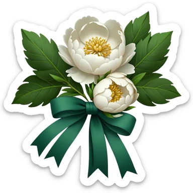white peonies tied with a dark green ribbon, minimalism, iOS emoji style, no faces or smileys sticker