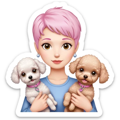 short pixie bangs platinated woman pink hair no bang，fair-skinned ,holding two poodles sticker