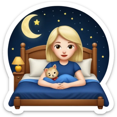 woman resting on a bed under moonlight, apple memoji style sticker