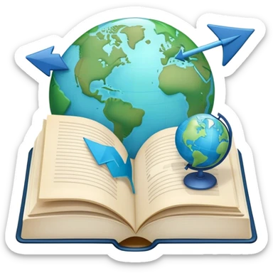 Create an emoji representing language translation. The design should feature an open book or a document with text in multiple languages (e.g., English, Spanish, Chinese), and a translation icon (such as an arrow between two languages) to symbolize the process of converting text. Include elements like a globe or a speech bubble to represent global communication. Use clear, simple lines and a color palette with blues, greens, and subtle neutral tones to convey the idea of clarity and understanding. Make the background transparent. sticker