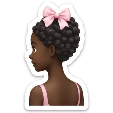 back profile of a black girl with long curly hair with a light pink bow in the back of her hair sticker