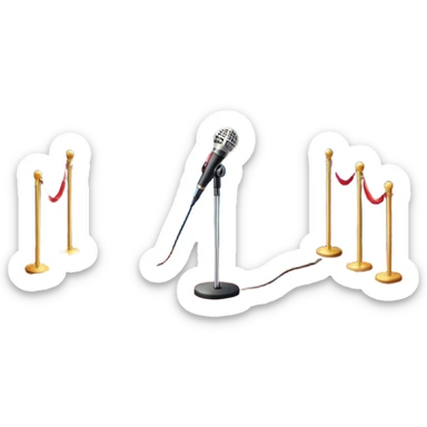 Create a glamorous and vibrant emoji that represents pop or stage vocal performance. The design should feature an empty stage with concert lighting. Include elements like an iconic stage microphone with a sparkling, rhinestone-studded microphone stand, set on a red carpet, a celebratory firework display in the background and a ribbon of musical notes flowing around the scene to symbolize the performance's energy. Use bright colors like gold, red, and silver to emphasize the excitement and glitz of the pop vocal world. The background should be transparent. sticker