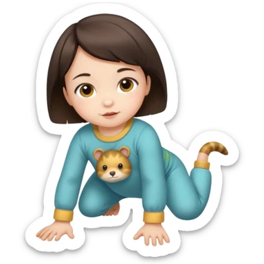 short brunette hair baby crawling on the floor with cute animal symbol clothes sticker