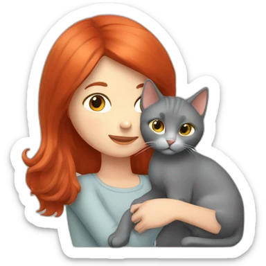 Red hair girl petting her grey cat sticker