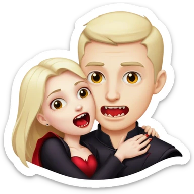 Hugging emoji but one person is a female vampire biting the other person who is a male’s neck sticker