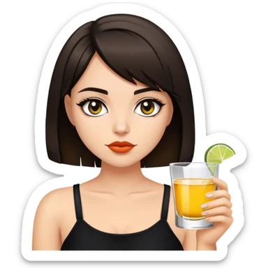 brunette girl with short bob with a shot of tequila wearing black sticker
