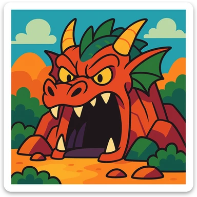 giant dragon head as a cave entrance, cartoon style sticker