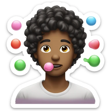 white teen boy with black curly hair blowing bubblegum in mouth sticker
