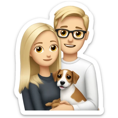Blonde girl and her white boyfriend with brown hair and glasses cuddling a jack Russell  sticker