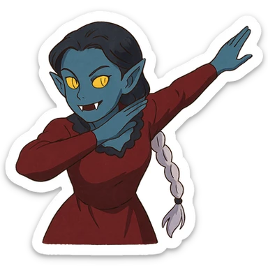 1 female, single long white braid with lavender tips. Vampire with blue skin and glowing gold yellow eyes. Meme pose sticker