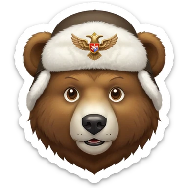 Brown bear head face wearing white fluffy ushanka with detailed Russian double-headed eagle emblem centered on front, iOS emoji style sticker