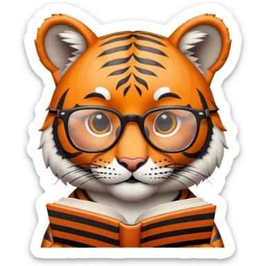 tiger face holding book wearing glasses for Twitch emote sticker