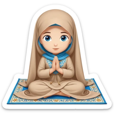 Turkish beautiful finish Konya girl blue eyes with beige flower hijab long tail dress and sits on the pray mat namaz on the ground and pray dua  sticker