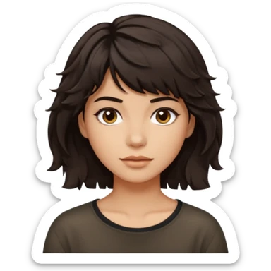À emoji that don’t smile Dark brown thick hair, medium-length textured top with loose natural waves, short tapered sides, soft messy fringe, natural volume sticker