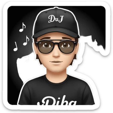 Emoji of a white man with short dark brown hair under a black baseball cap, wearing a black t‑shirt and 1980s‑style black Ray‑Ban rectangle sunglasses black lenses, with black musical notes floating around his head,  word "DJ DLG" written on the hat sticker