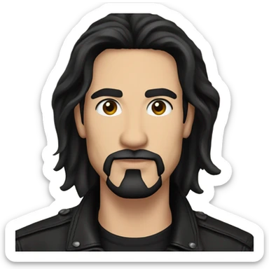 Man with long black hair, black goatee, square jawline, eyeliner, black leather jacket, black pants, black shirt and pentacle necklace sticker