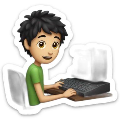 dark haired boy with a computer sticker