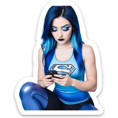 Shameful-head tilted-texting on phone-very very very large upper body-sexy face-bending forward at waist-very long very straight dark blue to light blue ombre hair-and-blue eyes-thick black eyeliner-thick long eyelashes-iridescent blue lowcut tanktop with black leggings with glitter superman logo sticker