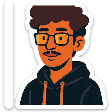 Malay teenager with fluffy hair, long face, light mustache, glasses, and a black hoodie in vibrant toon style sticker