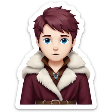 Medieval winter outfit worn by a DnD themed fantasy male character. Thick burgundy wool tunic with arctic fox fur lining, adorned with bronze clasps and a sturdy woven leather belt. Clothes only above the waist, full waist coverage. The character has no arms. Character is white-skinned with mahogany hair, stormy blue eyes, and short layered hair windswept with winter chill sticker