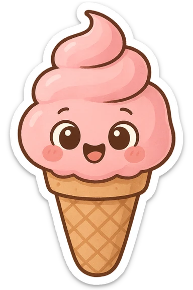 a cute pink ice cream cone, original design, big eyes, blushing cheeks, joyful sticker