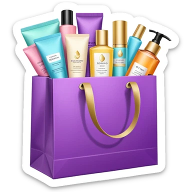 Gift bag with beauty products (shampoo, creams, styling products), a gift bag is beautyful open box full of luxury brand-labeled beauty products sticker