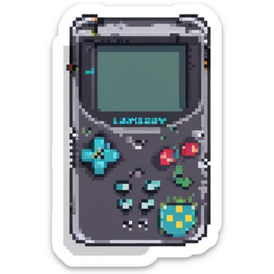 GameBoy, pixel art style, blocky and retro, limited color palette, clear buttons and screen, classic handheld shape sticker