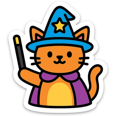 cat magician with a wizard hat and wand, colorful icon sticker