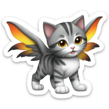 Grey and black tabby kitten with white legs, razor sharp talons and wings of fire  sticker