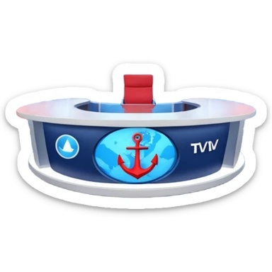 Professional news TV studio interior, modern anchor desk in center, large curved LED screen wall behind presenter, abstract global map graphics, blue dominant colors with red accents, symmetrical composition, broadcast-quality lighting, realistic 3D studio render sticker