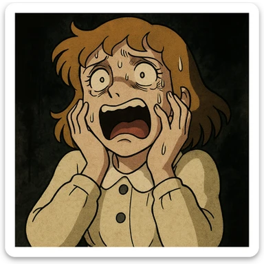 Clara from the 1978 Heidi series, as a frightened victim, exaggerated expression, vintage anime style, darkly humorous sticker