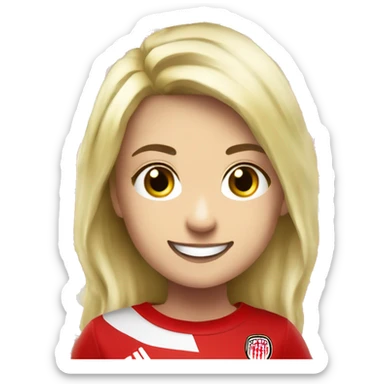 A blonde Girl smiling with a Fan Scarve of the german Soccer Club 1. fc köln  sticker