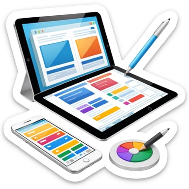 Modern icon for Web Design: a computer and smartphone or tablet screen displaying a website layout, HTML code, and design tools like a stilus and color palette. Transparent background. sticker