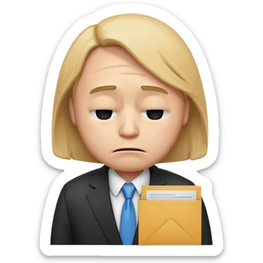 unisex emoji character wearing a suit. face has a very sad crying, disappointed expression with drooping eyebrows and half-closed eyes. posture is dejected, with slumped shoulders just rejected from his interview to get a job, holding cv. sticker