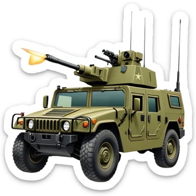 Humvee (2005) – Cinematic-realistic Humvee, its rugged olive-green frame bouncing over rough desert terrain. Soldiers grip their weapons tightly as the turret gunner scans the horizon, dust kicking up behind the armored vehicle under the blazing midday sun, with distant radio chatter crackling through the air. sticker