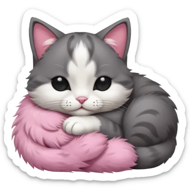 dark grey and white small cat with eyes closed, leaning his head on his paw while leaning on his elbow lying down sticker