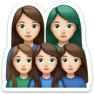 Three people total: Two girls brunette one with straight long hair and blue eyes one with curled hair middle length and green eyes and the other a boy lighter brown with blue eyes  sticker