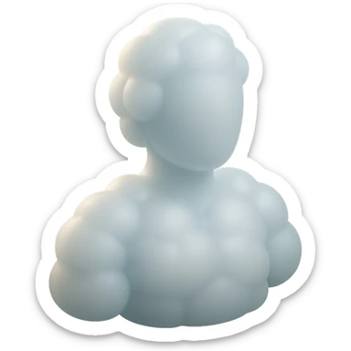 person made entirely of white fluffy convex clouds, shoulder up, front view, matte glass style sticker
