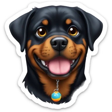 A Rottweiler with a toy sticker