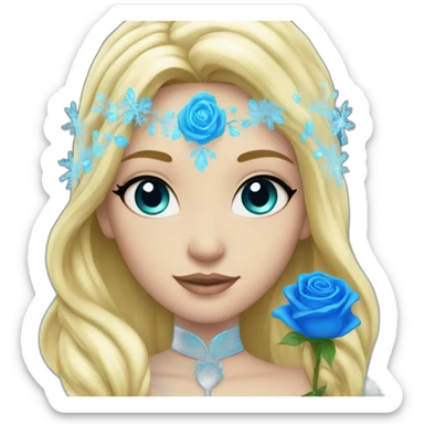 snow princess long blonde hair holding a blue rose sticker