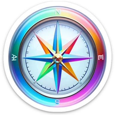 A glowing holographic compass with vibrant neon rainbow colors inside a crystal-clear sphere sticker